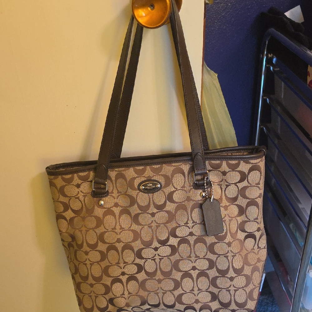 Coach Brown Signature Canvas Tote with Dark Brown Trim